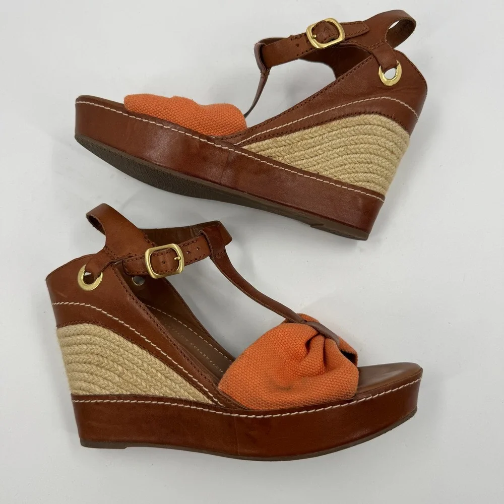 Franco Sarto Riviera Wedge Sandal Womens 8.5 Brown Orange Leather Bow Espadrille